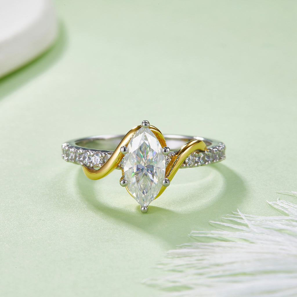 18K White Gold Two-Tone Marquise Moissanite Promise Ring 1.0ct