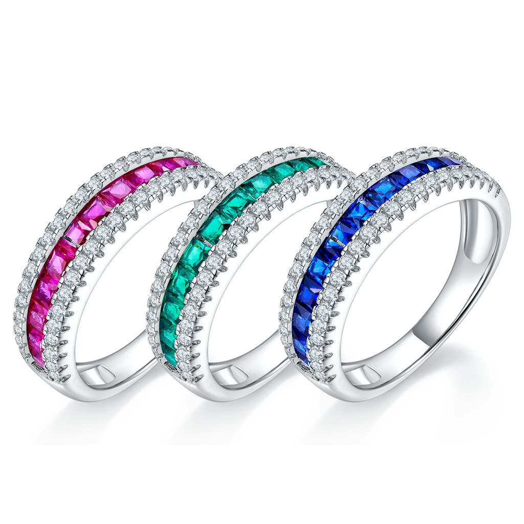 S925 Silver 18K White Gold Plated Coloured Gemstone Pavé Ring