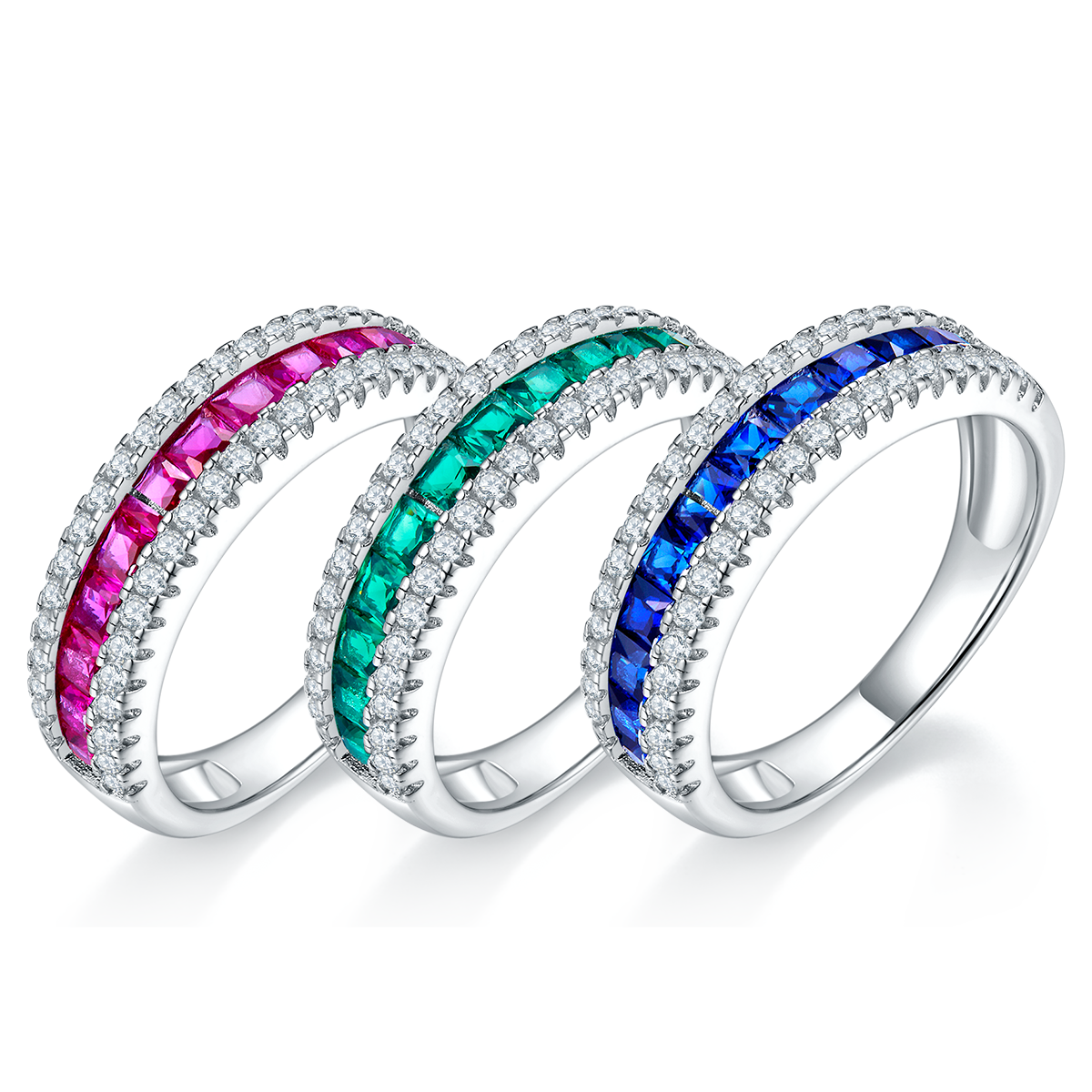 S925 Silver 18K White Gold Plated Coloured Gemstone Pavé Ring