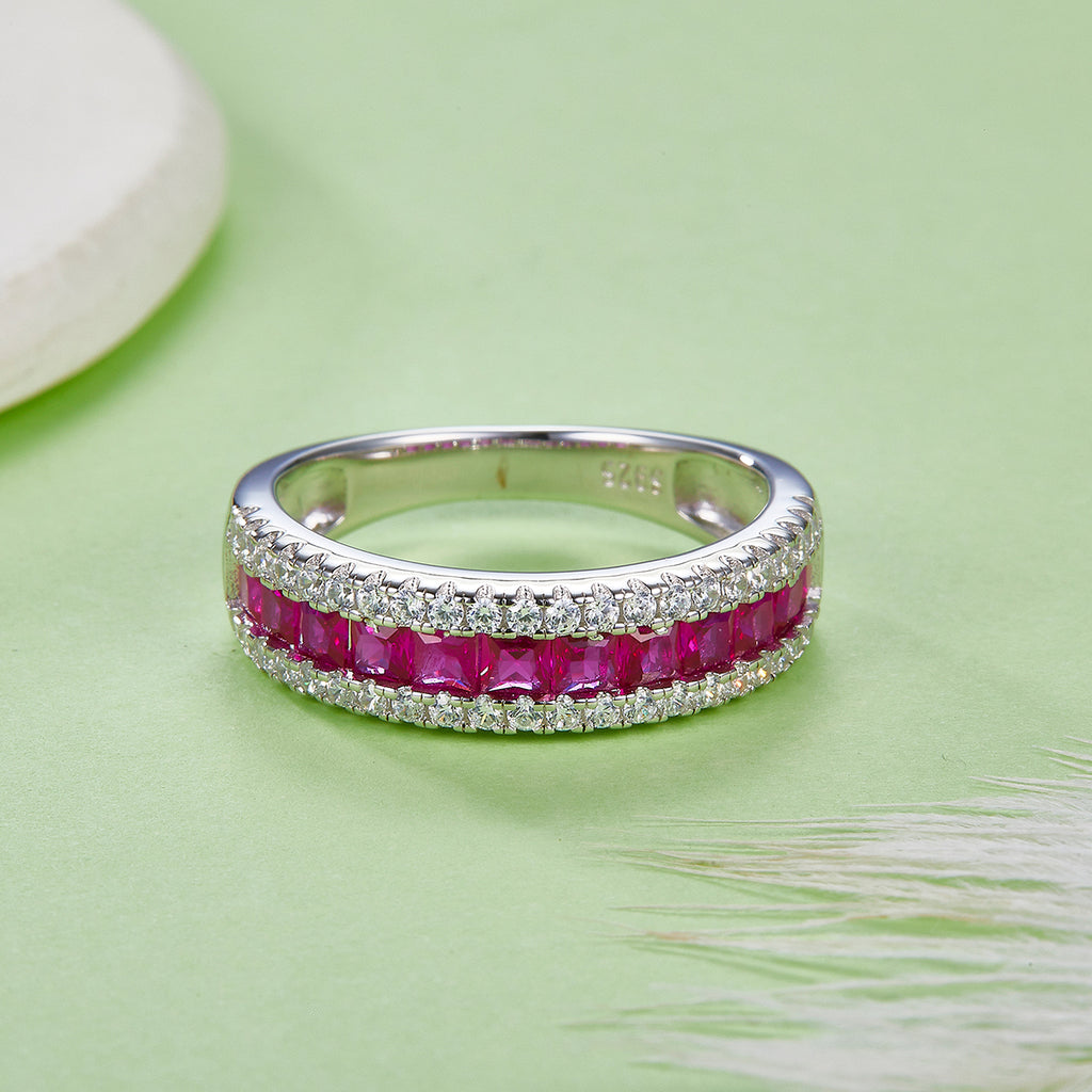 S925 Silver 18K White Gold Plated Coloured Gemstone Pavé Ring
