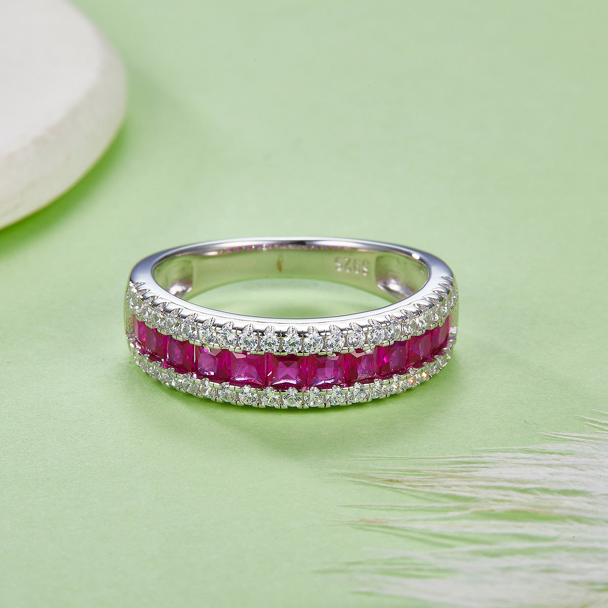 S925 Silver 18K White Gold Plated Coloured Gemstone Pavé Ring