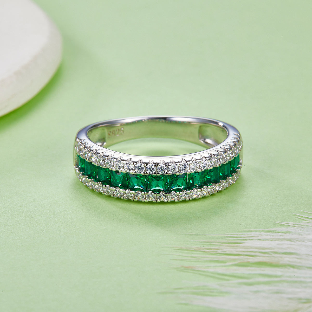 S925 Silver 18K White Gold Plated Coloured Gemstone Pavé Ring
