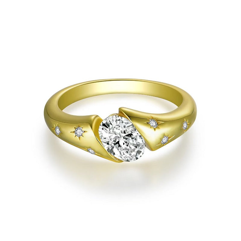 Xing Chen Jin Guang | 18K Yellow Gold Oval Moissanite Ring | 1.0ct 7×5mm
