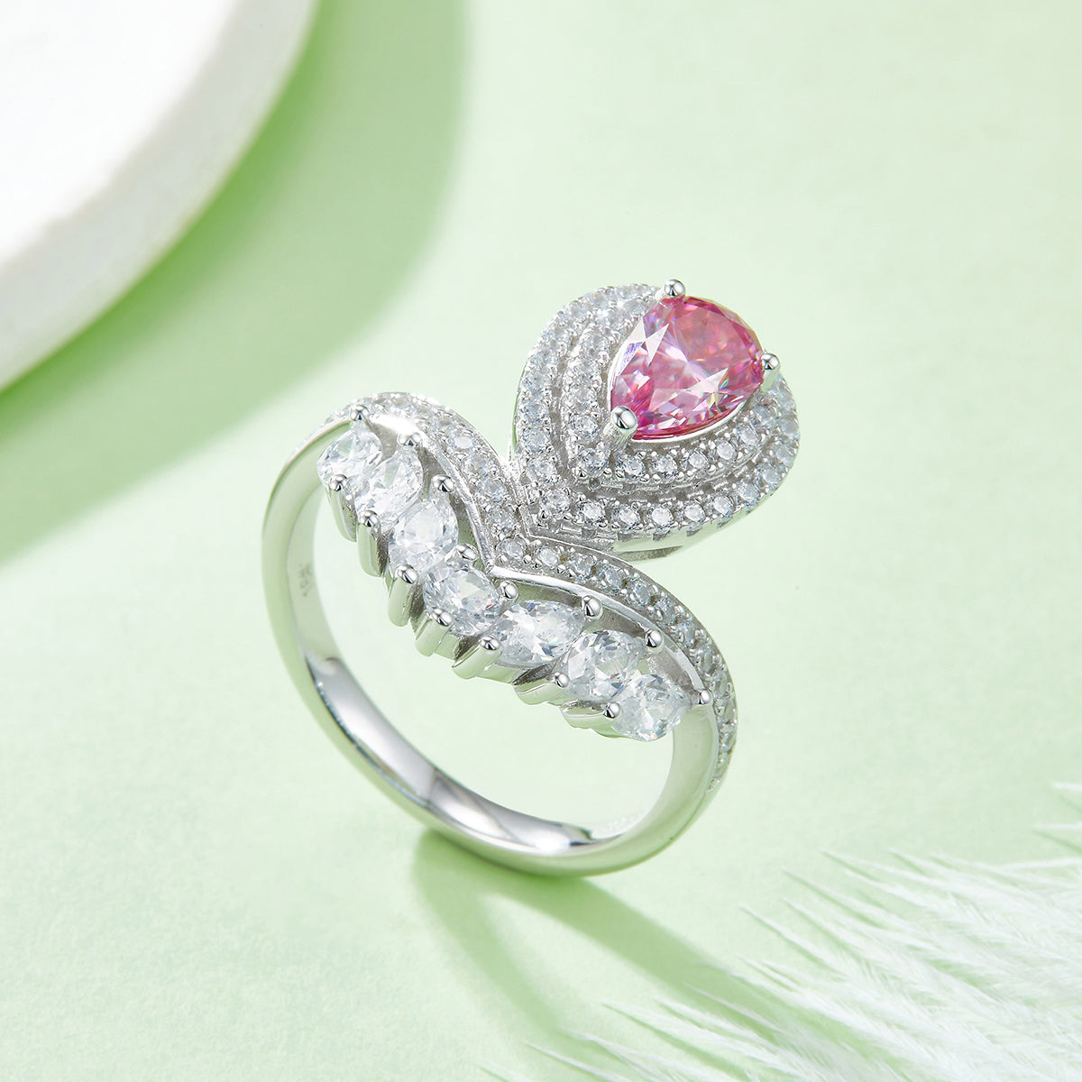 V Drop | 18K White Gold Pear Cut Coloured Moissanite Ring | 1ct D-Grade