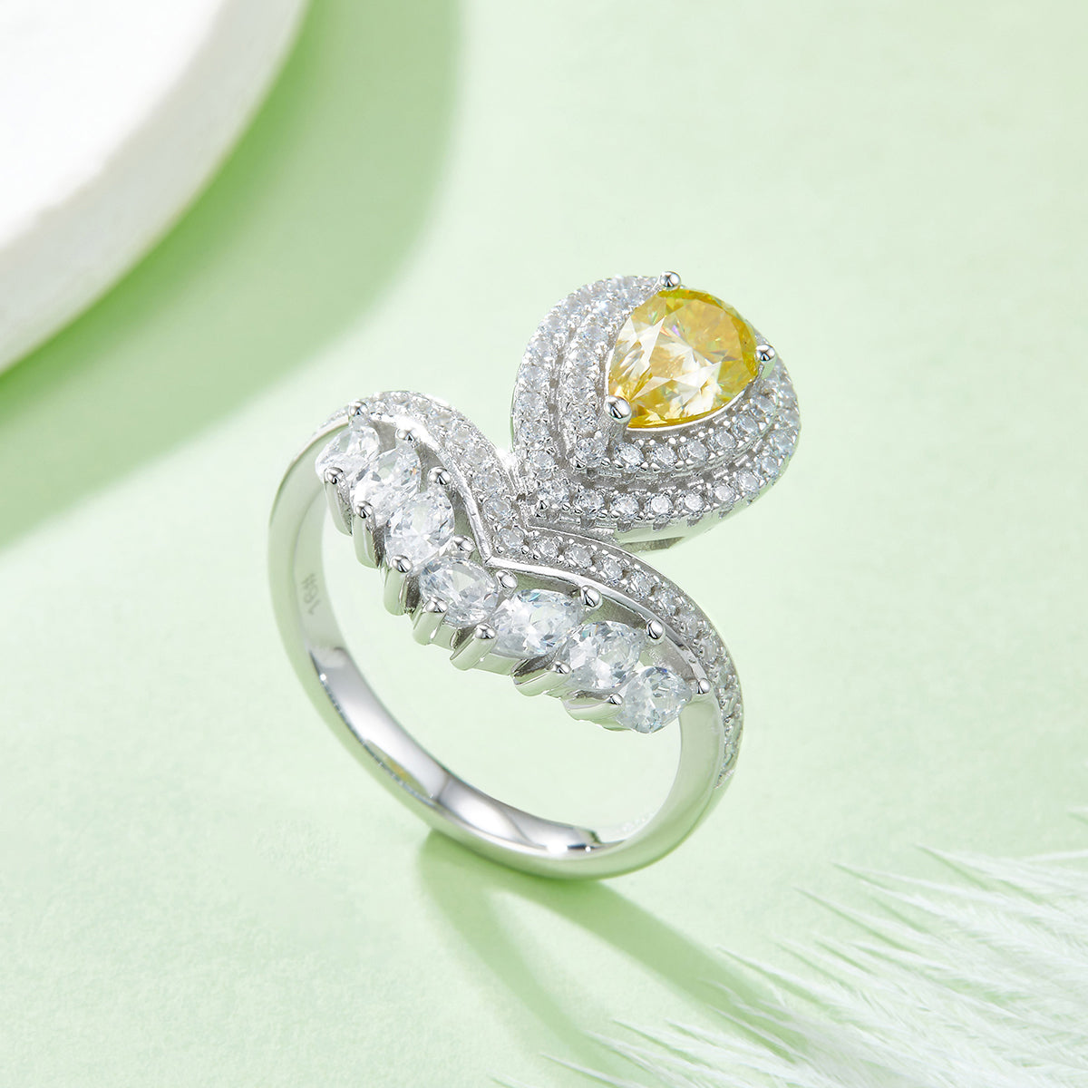 V Drop | 18K White Gold Pear Cut Coloured Moissanite Ring | 1ct D-Grade