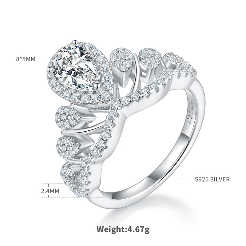 V Crown | 18K White Gold Pear Cut Coloured Moissanite Ring | 1ct D-Grade