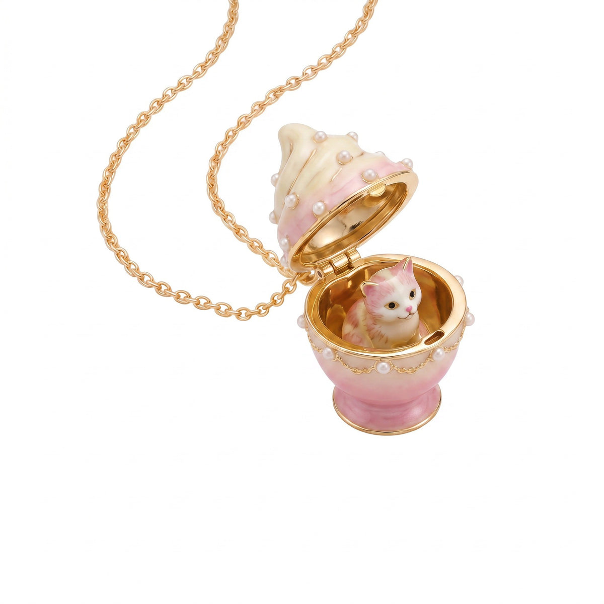 Ice Cream Cat Locket Necklace | Openable Charm Pendant | Ice Cream Honey Pot Candy Macaron