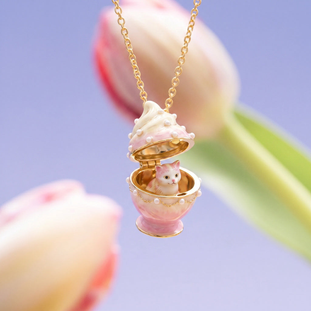 Ice Cream Cat Locket Necklace | Openable Charm Pendant | Ice Cream Honey Pot Candy Macaron