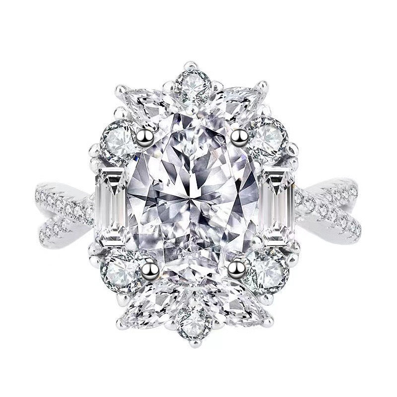 S925 Silver 18K White Gold Plated 2ct Moissanite Oval Pavé Ring