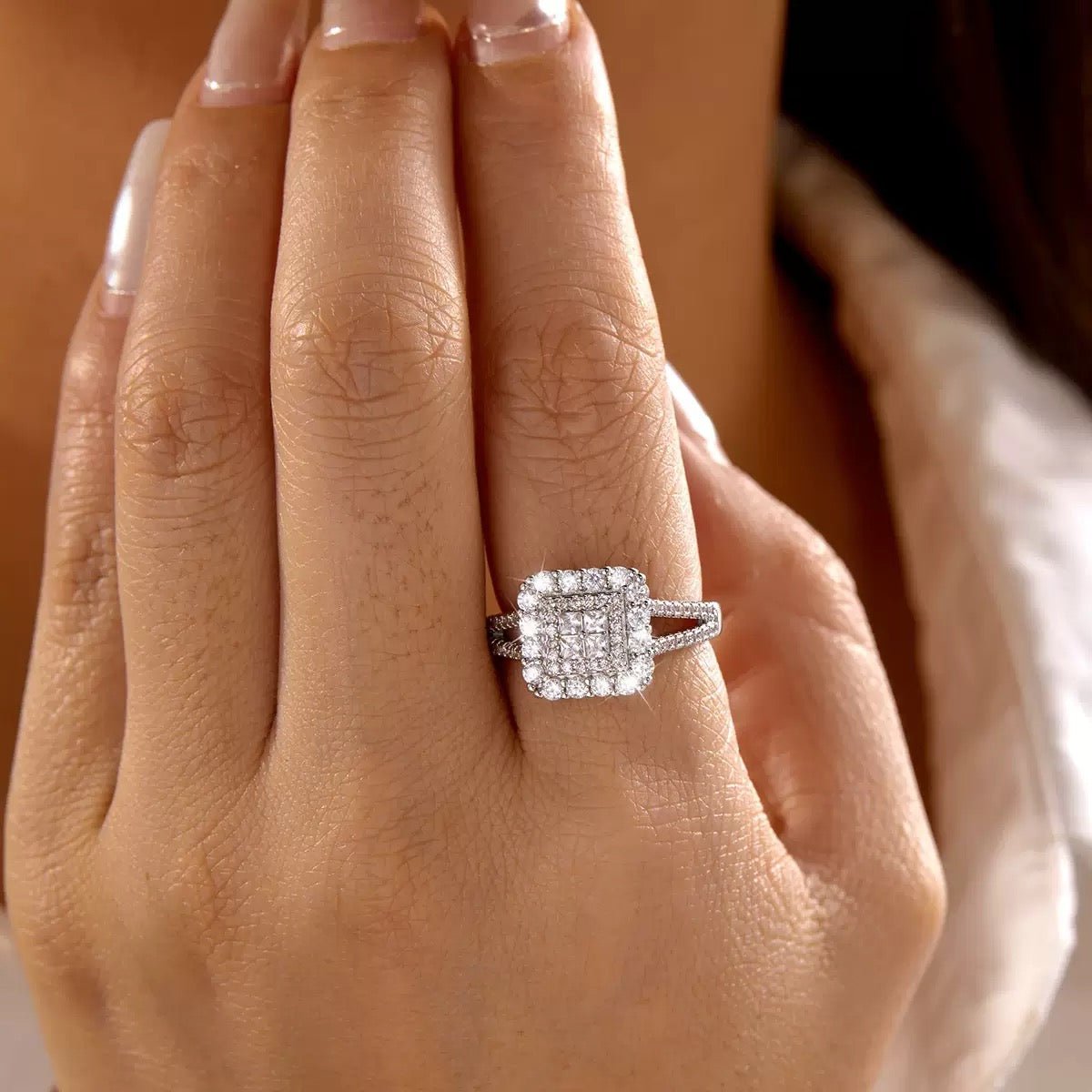 Square Full-Pavé Moissanite Ring in 18K White Gold-Plated Sterling Silver - UMI
