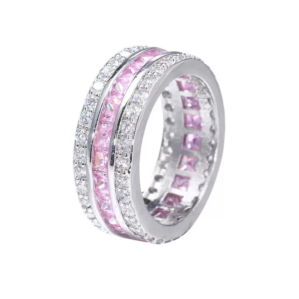 Pink Moissanite Wide Band Ring (925 Silver, 18K White Gold-Plated) - UMI