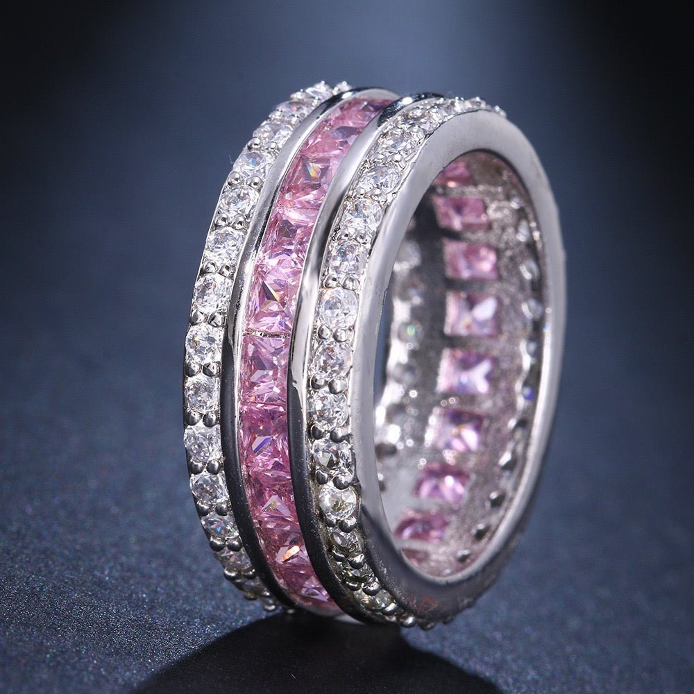 Pink Moissanite Wide Band Ring (925 Silver, 18K White Gold-Plated) - UMI