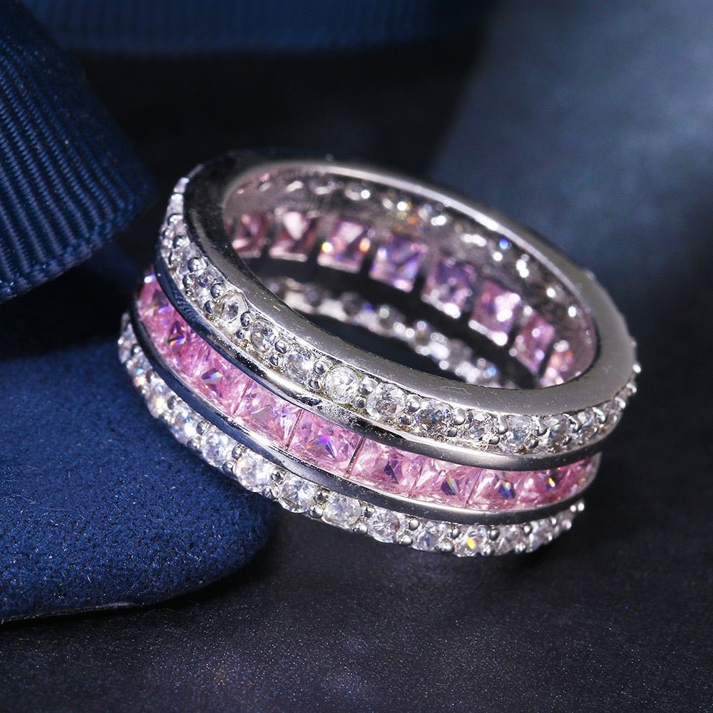 Pink Moissanite Wide Band Ring (925 Silver, 18K White Gold-Plated) - UMI