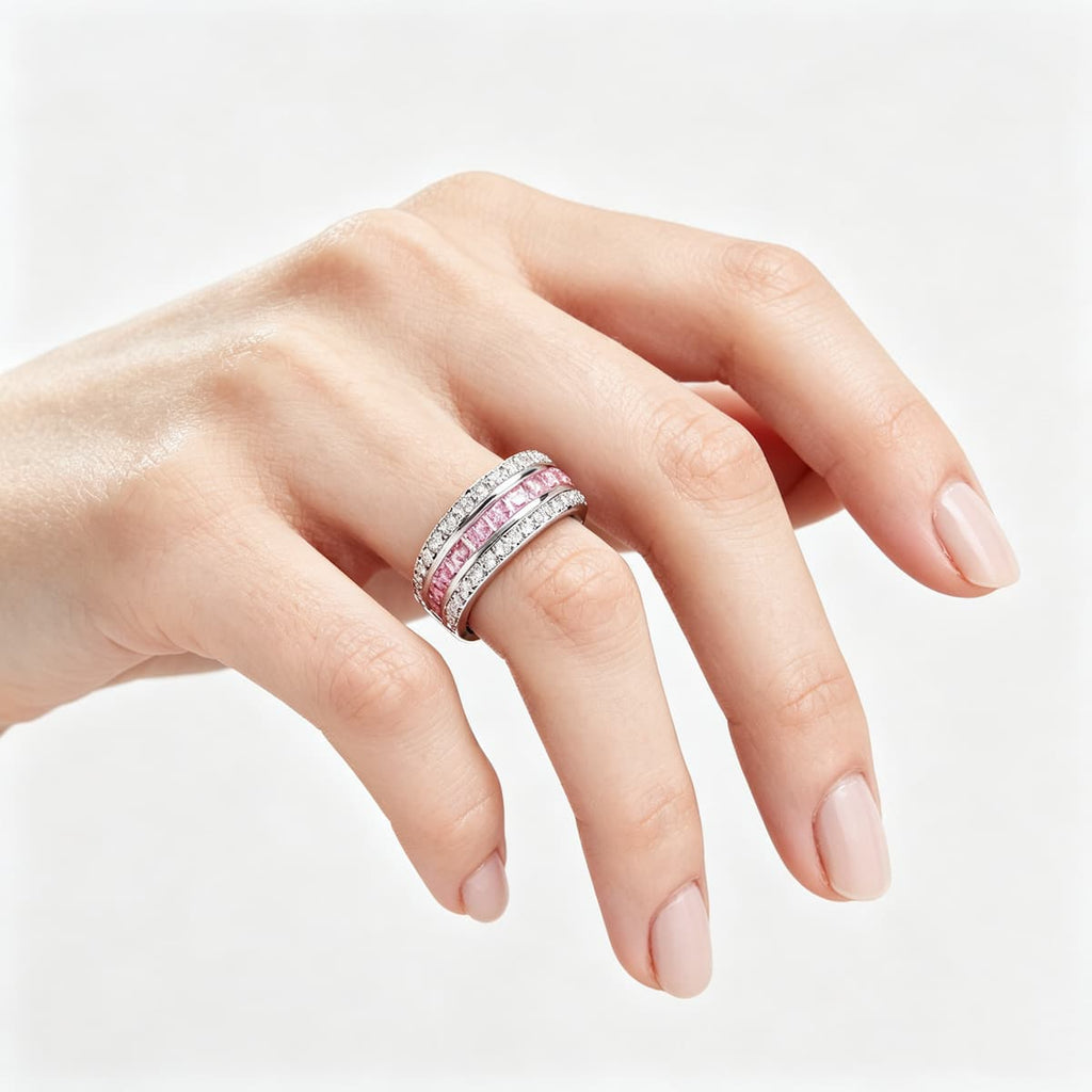 Pink Moissanite Wide Band Ring (925 Silver, 18K White Gold-Plated) - UMI