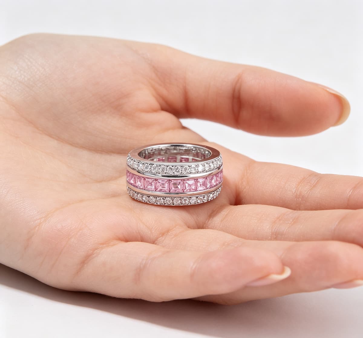Pink Moissanite Wide Band Ring (925 Silver, 18K White Gold-Plated) - UMI