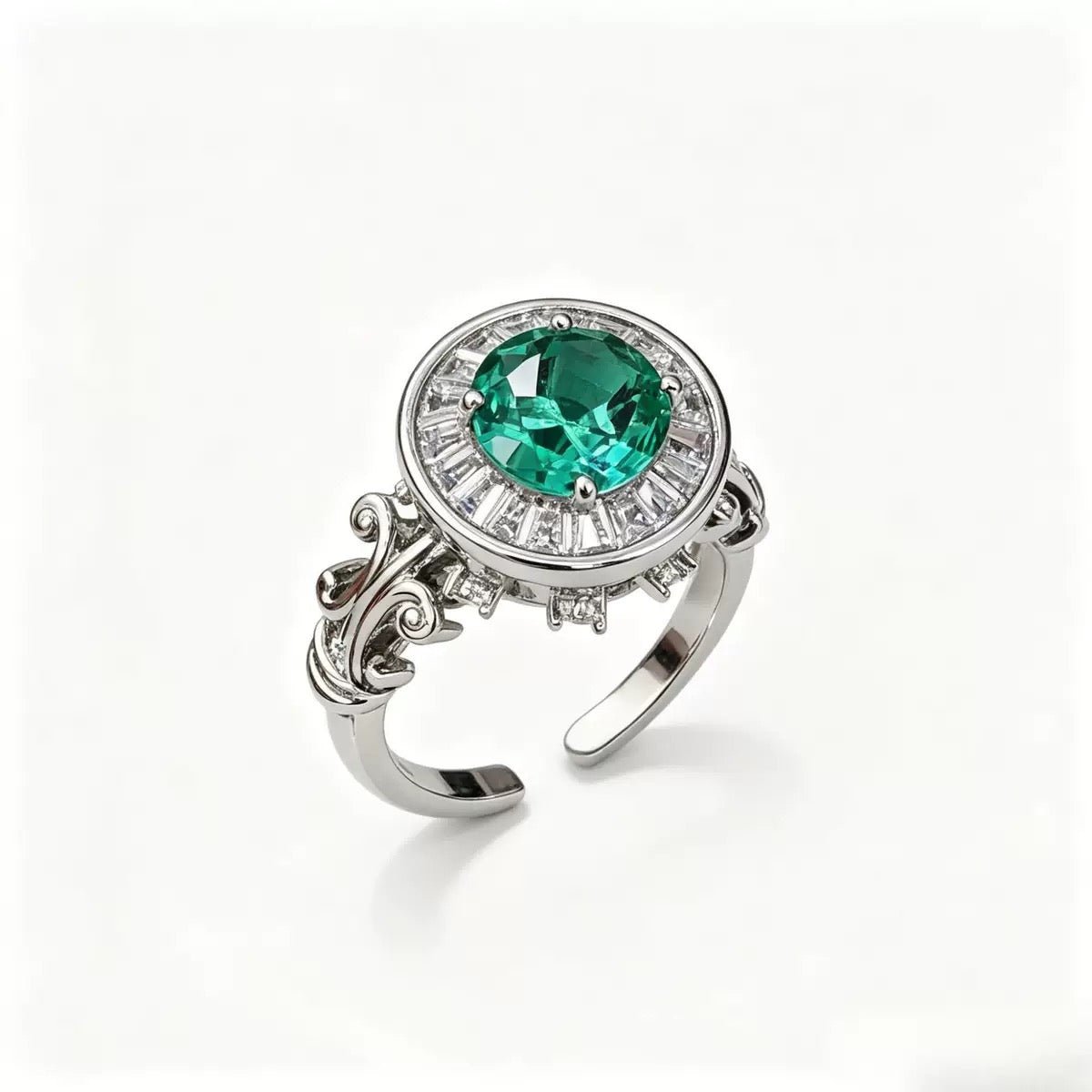 Emerald Green Moissanite Roman Fountain-Inspired Ring with Rotating Tassels & Iris Motif - UMI
