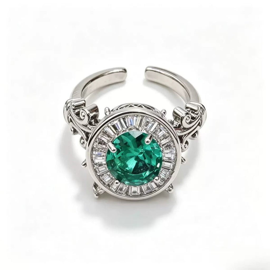 Emerald Green Moissanite Roman Fountain-Inspired Ring with Rotating Tassels & Iris Motif - UMI