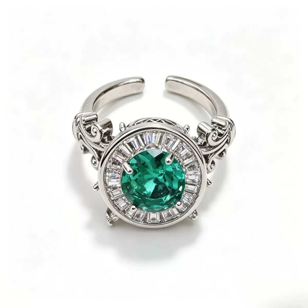 Emerald Green Moissanite Roman Fountain-Inspired Ring with Rotating Tassels & Iris Motif - UMI