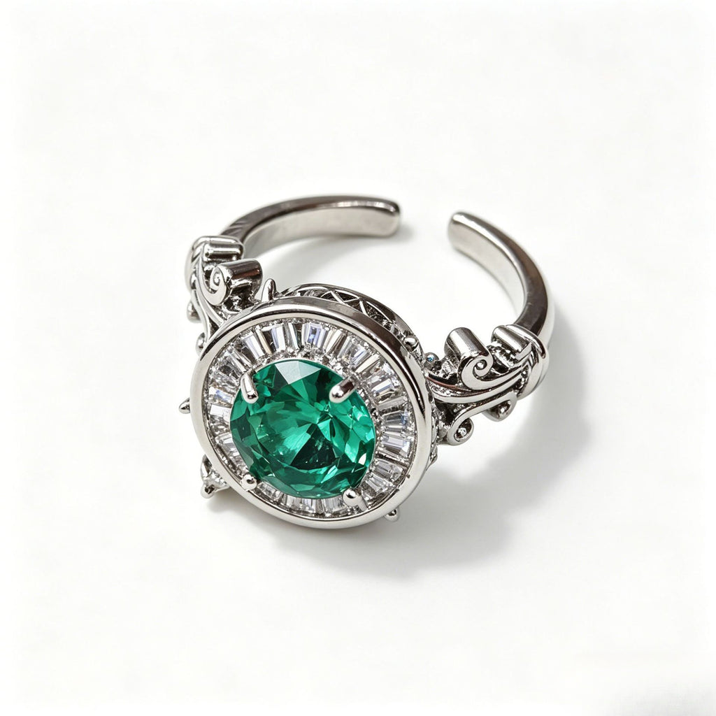 Emerald Green Moissanite Roman Fountain-Inspired Ring with Rotating Tassels & Iris Motif - UMI