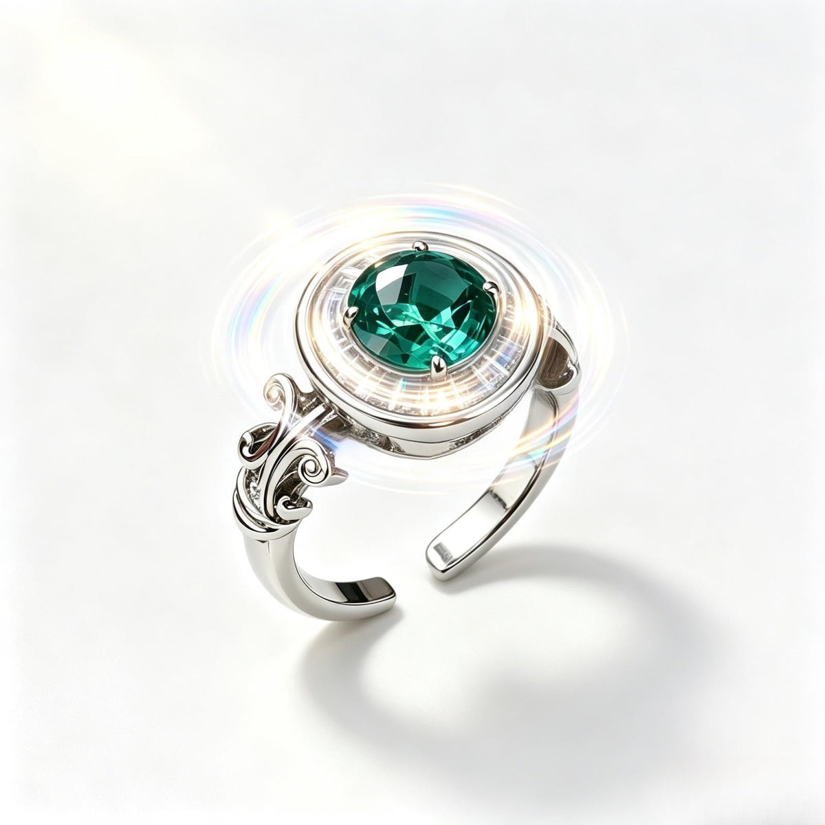 Emerald Green Moissanite Roman Fountain-Inspired Ring with Rotating Tassels & Iris Motif - UMI