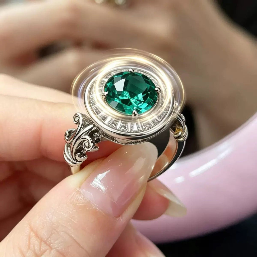 Emerald Green Moissanite Roman Fountain-Inspired Ring with Rotating Tassels & Iris Motif - UMI