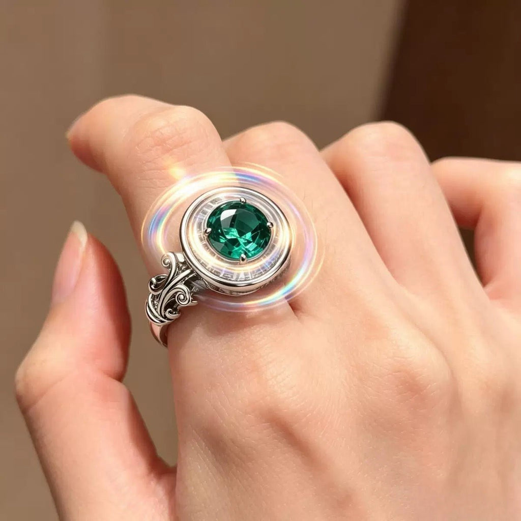 Emerald Green Moissanite Roman Fountain-Inspired Ring with Rotating Tassels & Iris Motif - UMI