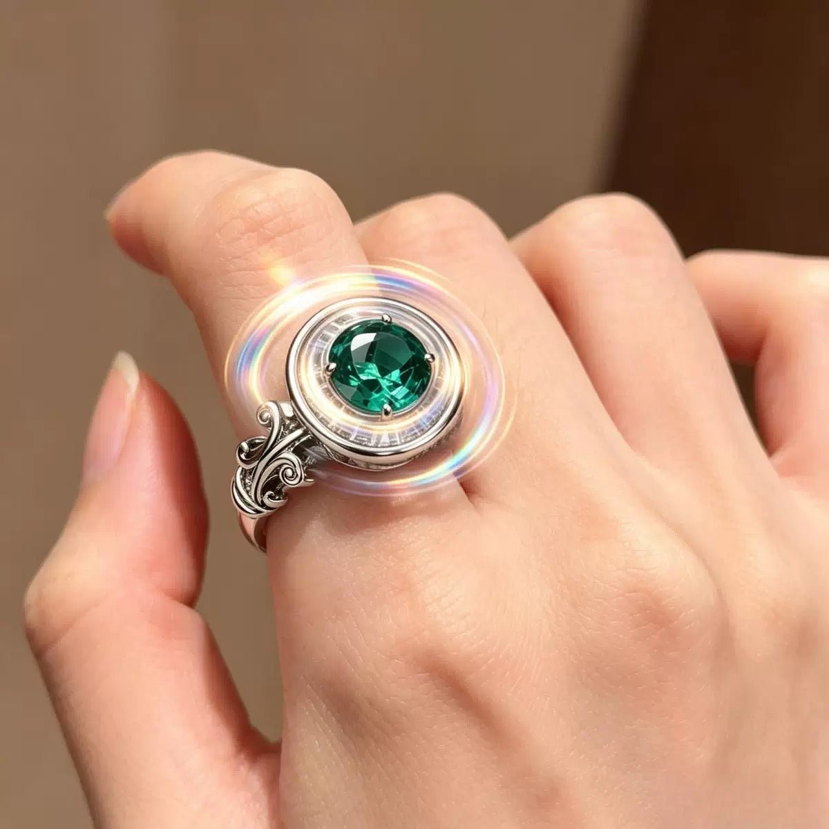 Emerald Green Moissanite Roman Fountain-Inspired Ring with Rotating Tassels & Iris Motif - UMI