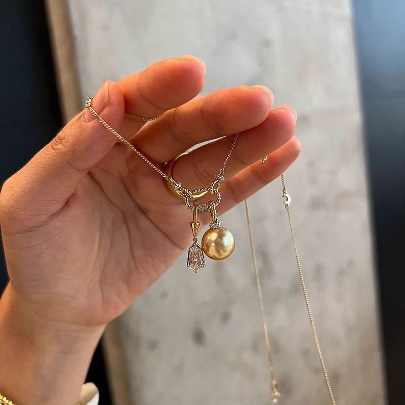 Vintage Star & Moon South Sea Golden Pearl & Cubic Zirconia Necklace - UMI