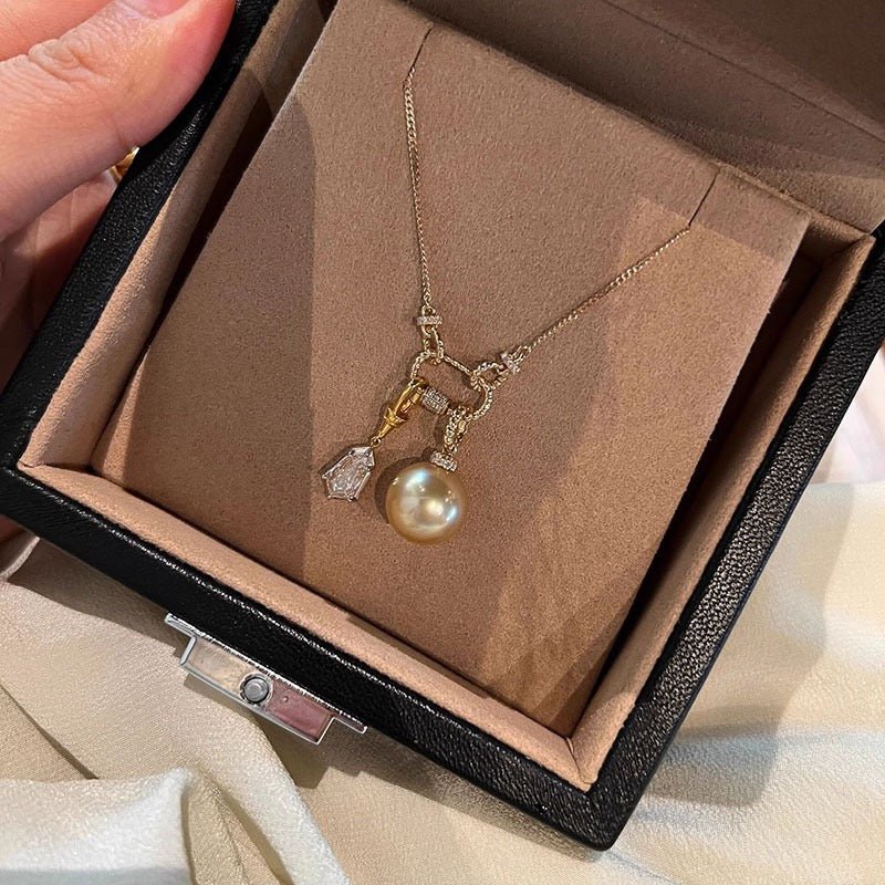 Vintage Star & Moon South Sea Golden Pearl & Cubic Zirconia Necklace - UMI