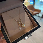 Vintage Star & Moon South Sea Golden Pearl & Cubic Zirconia Necklace - UMI