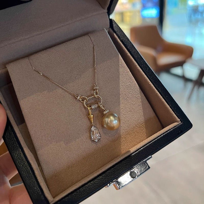 Vintage Star & Moon South Sea Golden Pearl & Cubic Zirconia Necklace - UMI