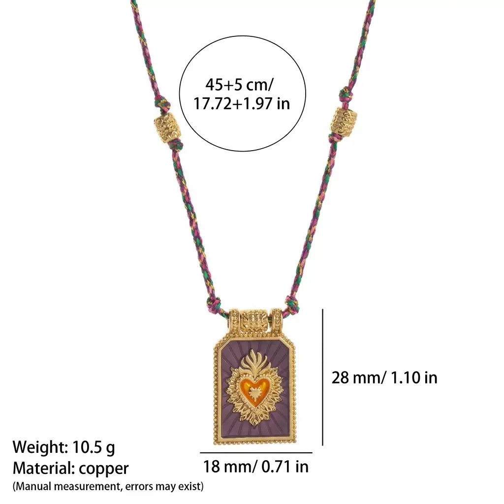 Sacred Heart Tarot Square Pendant Colorful Cord Gold‑Plated Enamel Necklace