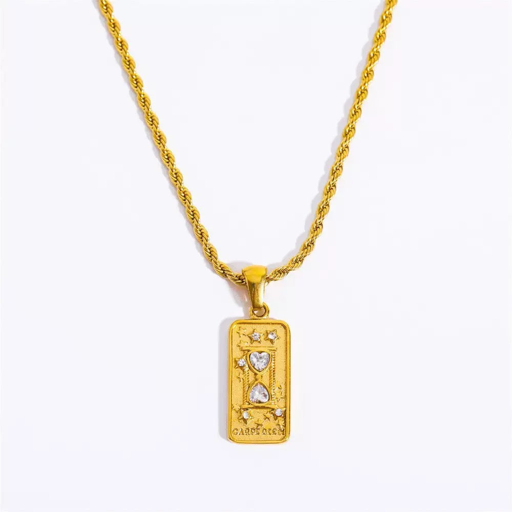 Tarot Square Pendant Necklace,18K Gold Plated Stainless Steel Vintage Women Jewelry