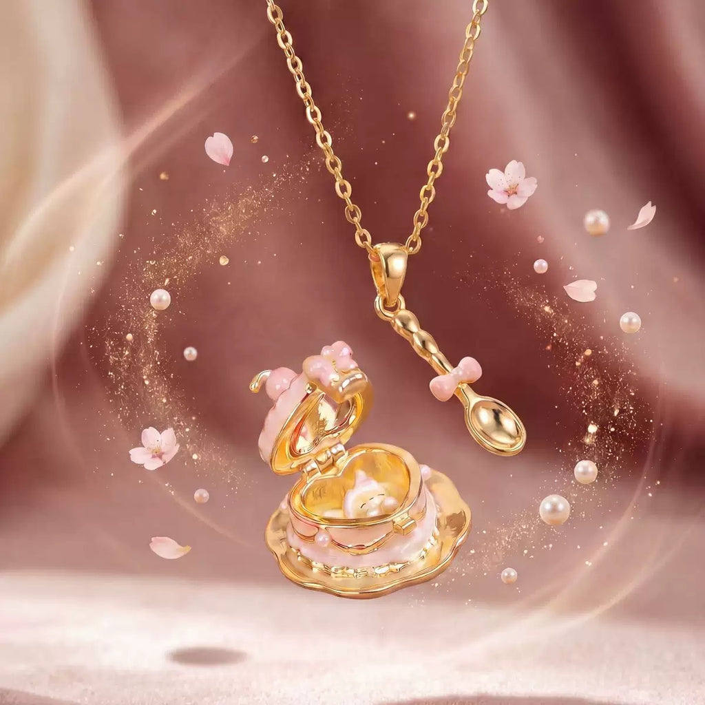 Openable Teacup Necklace | Sweet Enamel Teaspoon Pendant, 18K Gold Plated