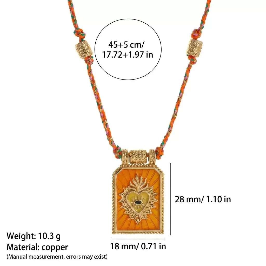Sacred Heart Tarot Square Pendant Colorful Cord Gold‑Plated Enamel Necklace