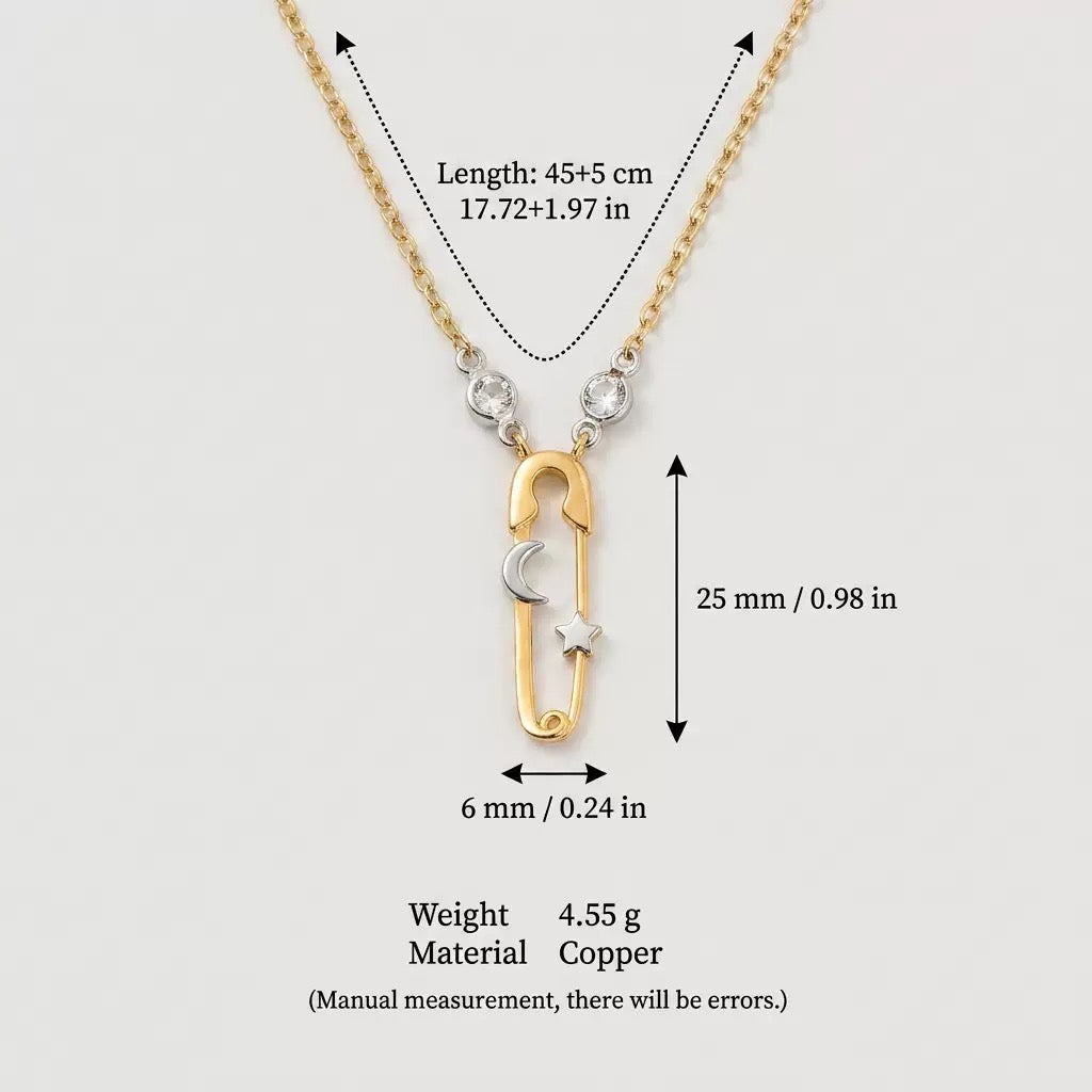 Sun Moon Star Zircon Safety Pin Pendant Necklace,18K Gold Plated Stainless Steel Minimalist Women Necklace