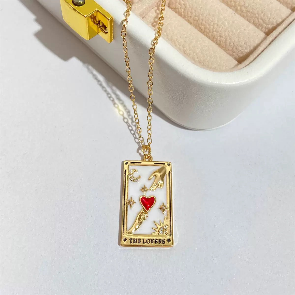 Tarot Square Pendant Necklace,18K Gold Plated Stainless Steel Vintage Women Jewelry