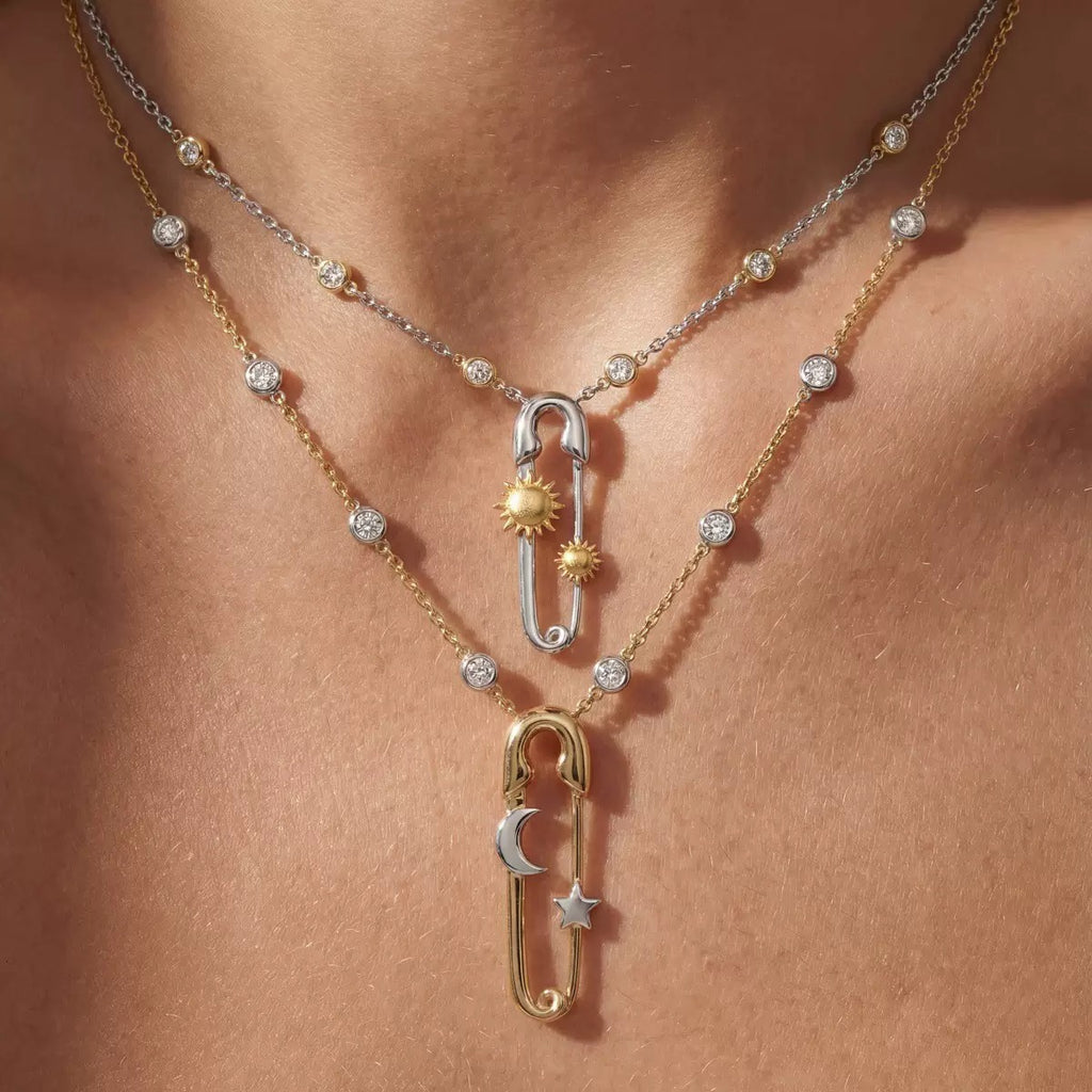 Sun Moon Star Zircon Safety Pin Pendant Necklace,18K Gold Plated Stainless Steel Minimalist Women Necklace