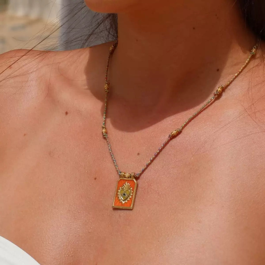 Sacred Heart Tarot Square Pendant Colorful Cord Gold‑Plated Enamel Necklace