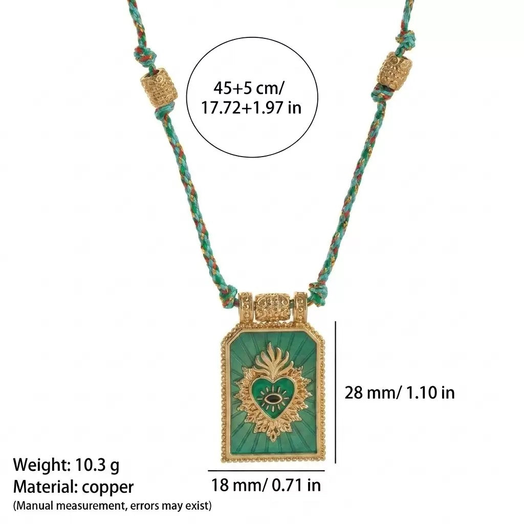 Sacred Heart Tarot Square Pendant Colorful Cord Gold‑Plated Enamel Necklace