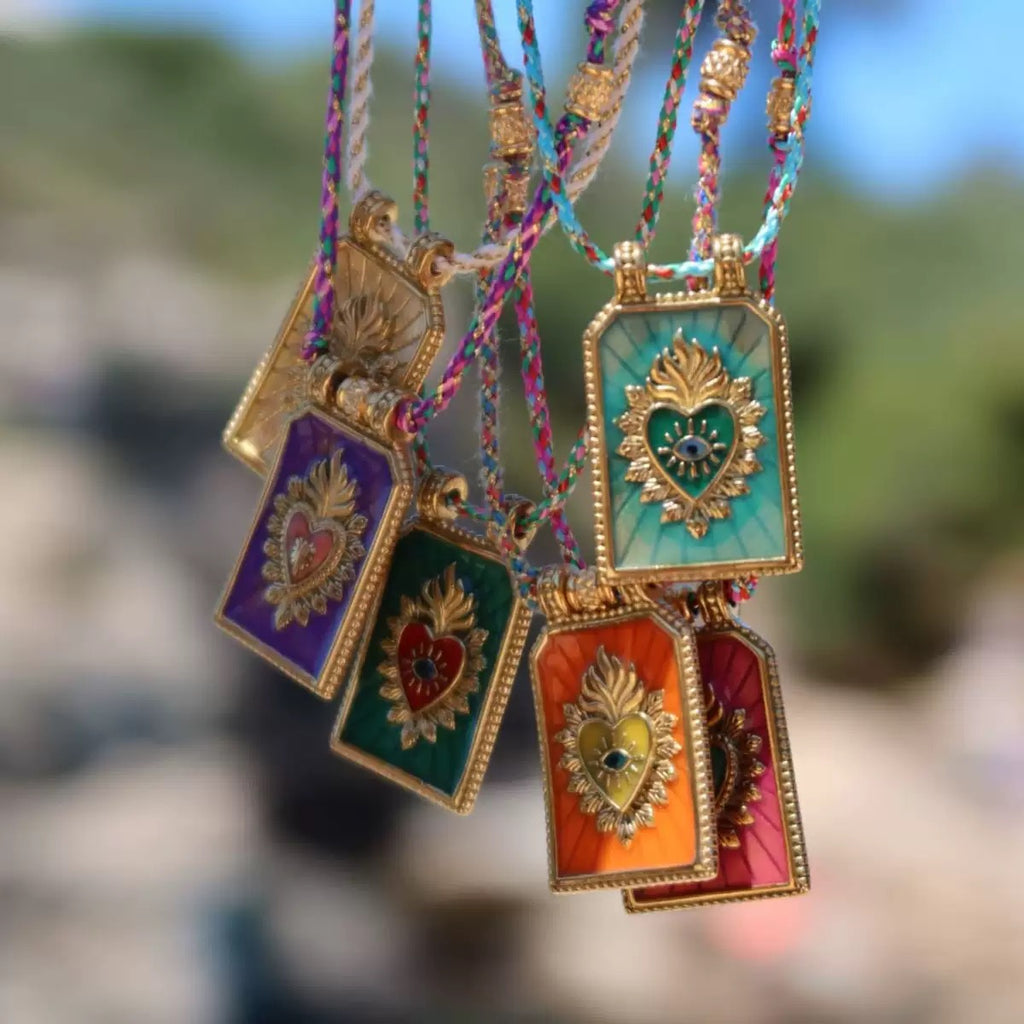 Sacred Heart Tarot Square Pendant Colorful Cord Gold‑Plated Enamel Necklace