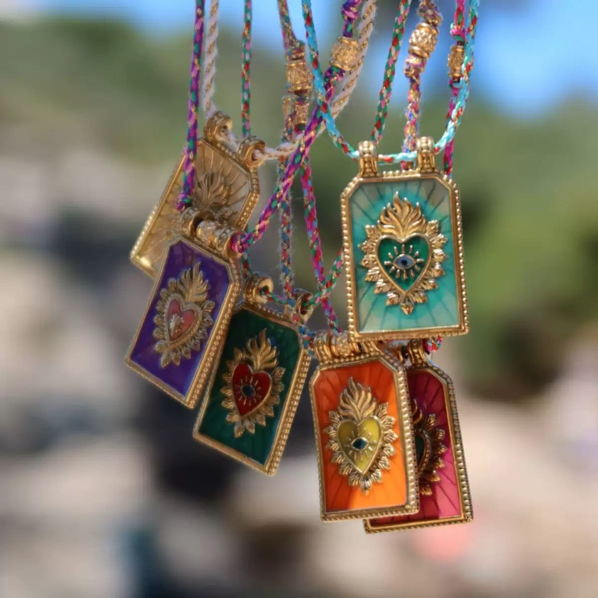 Sacred Heart Tarot Square Pendant Colorful Cord Gold‑Plated Enamel Necklace