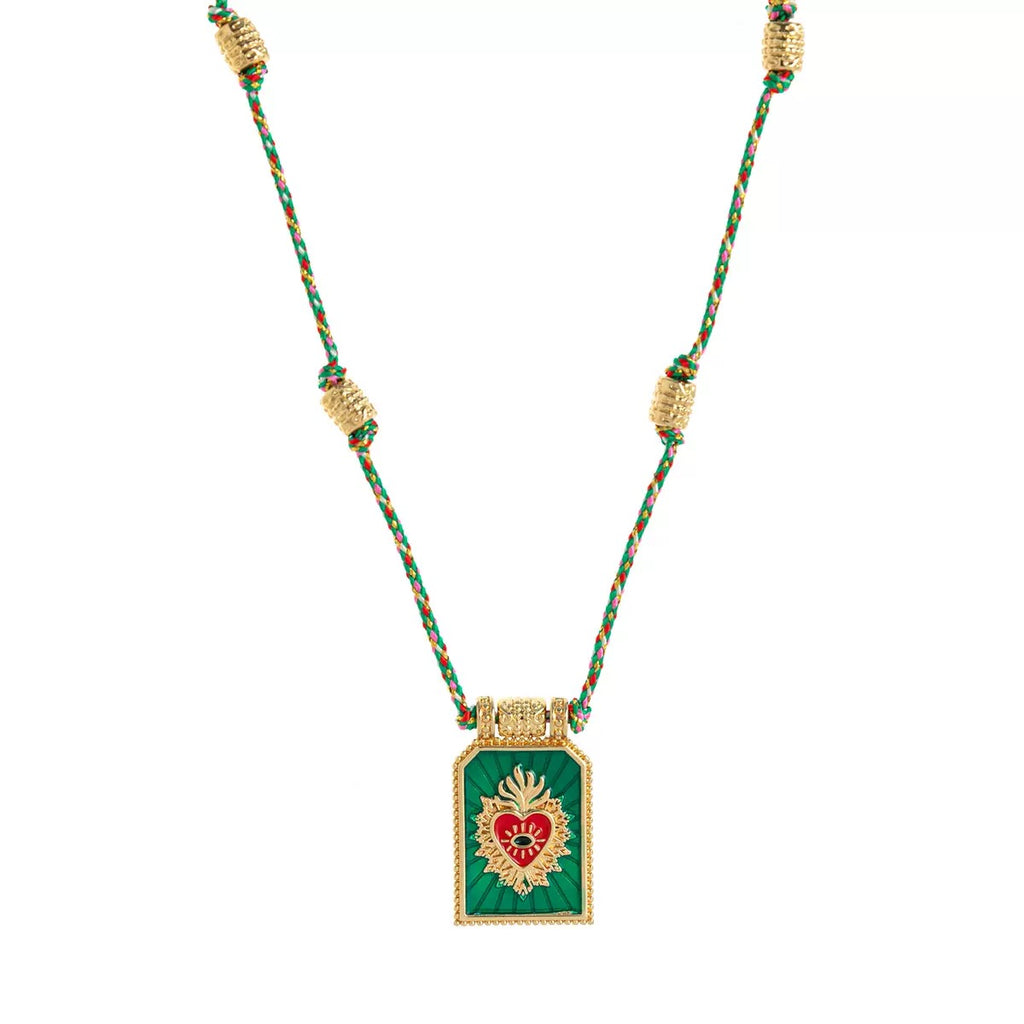 Sacred Heart Tarot Square Pendant Colorful Cord Gold‑Plated Enamel Necklace