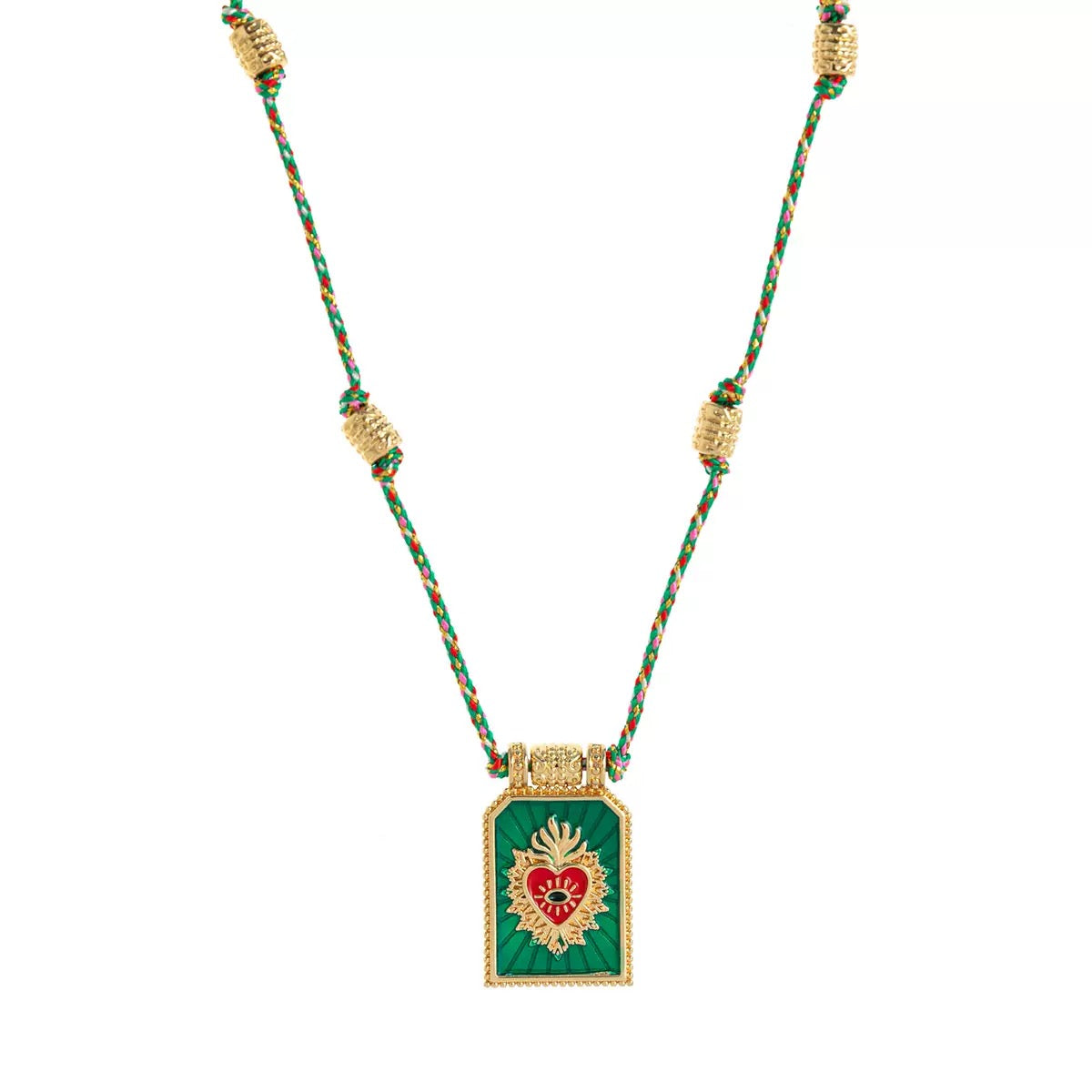 Sacred Heart Tarot Square Pendant Colorful Cord Gold‑Plated Enamel Necklace
