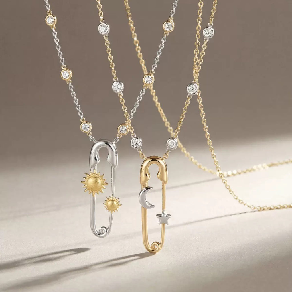 Sun Moon Star Zircon Safety Pin Pendant Necklace,18K Gold Plated Stainless Steel Minimalist Women Necklace
