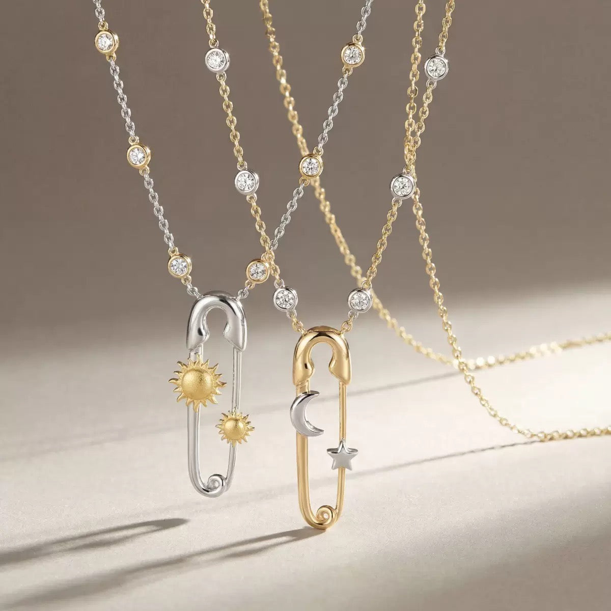Sun Moon Star Zircon Safety Pin Pendant Necklace,18K Gold Plated Stainless Steel Minimalist Women Necklace