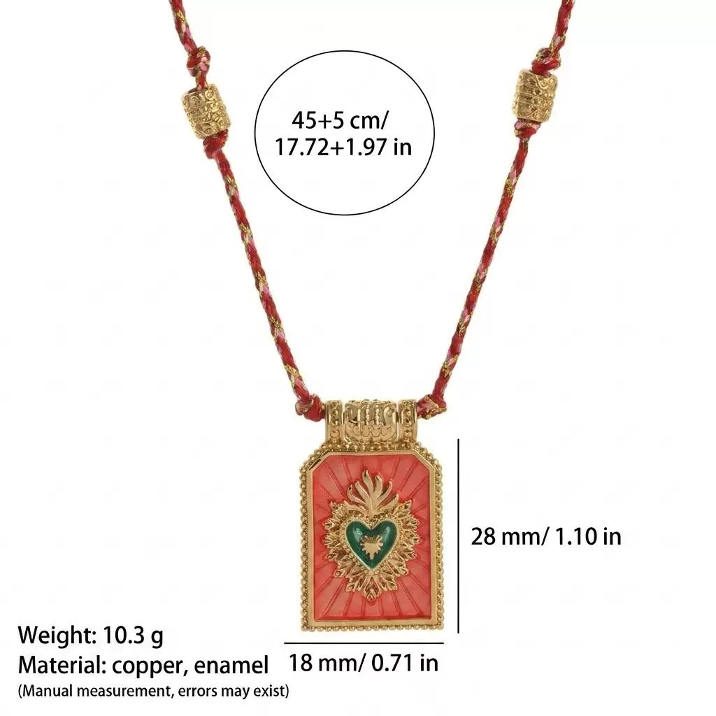 Sacred Heart Tarot Square Pendant Colorful Cord Gold‑Plated Enamel Necklace