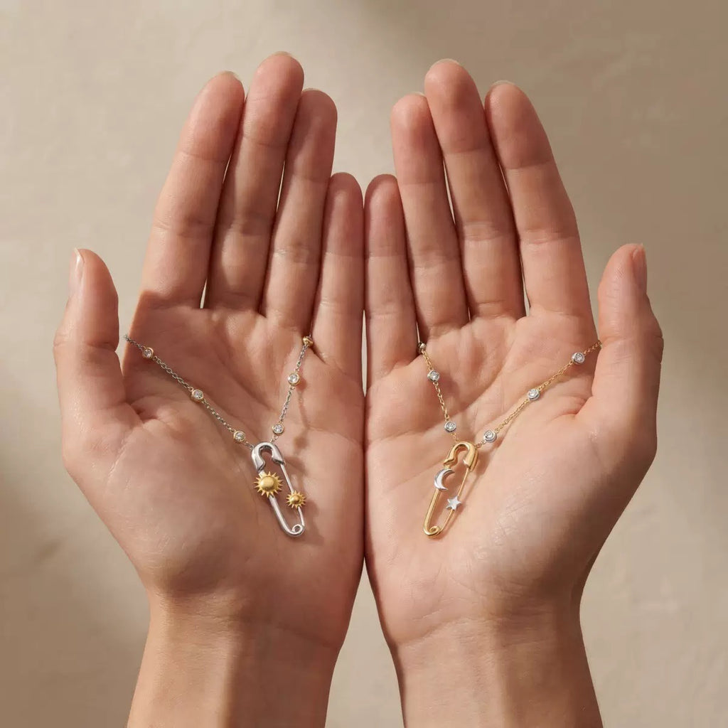 Sun Moon Star Zircon Safety Pin Pendant Necklace,18K Gold Plated Stainless Steel Minimalist Women Necklace