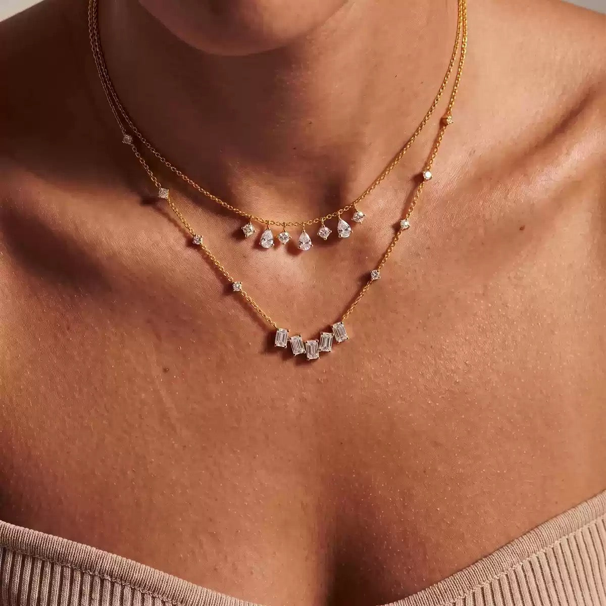 Baguette Cubic Zirconia Choker Necklace, 18K Gold Plated Stainless Steel, Waterproof Rectangle CZ Sparkling Necklace for Women Daily Jewelry