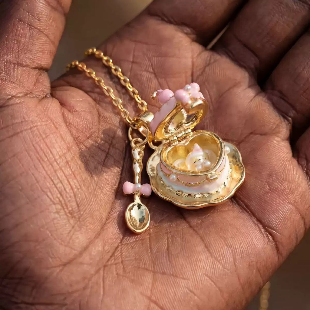 Openable Teacup Necklace | Sweet Enamel Teaspoon Pendant, 18K Gold Plated